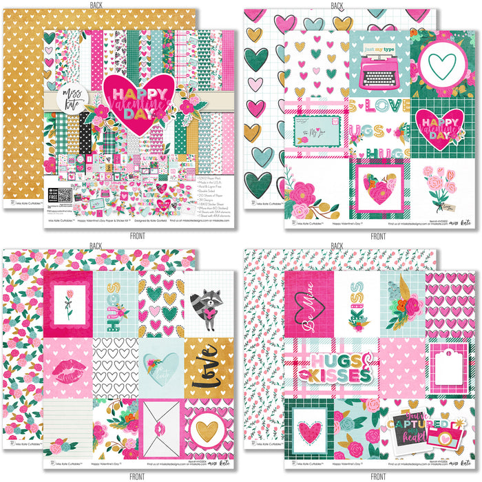 Happy Valentines Day Paper & Sticker Kit, 12x12 paper designs cover to 6 preview, showing 12x12 scrapbook paper and coordinating stickers for scrapbook layouts, photo albums, memory keeping, cards, and paper crafts. Buyer theme: Valentine 12x12 Scrapbook Paper & Stickers. 12x12 Happy Valentines Day Paper & Sticker Kit with romantic patterned papers, element cards and coordinating Valentine stickers