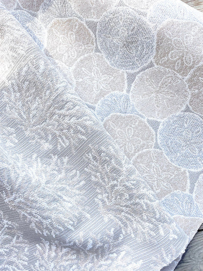 Coral Fans Neutral Beige & White Woven Outdoor Upholstery Fabric by the Yard - Annabel Bleu