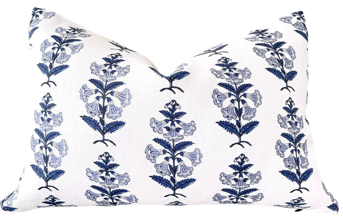 Light Blue and Green Petunia Block Printed Canvas Pillow Cover: Available in 10 Sizes - Annabel Bleu