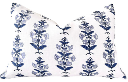 Light Blue and Green Petunia Block Printed Canvas Pillow Cover: Available in 10 Sizes - Annabel Bleu