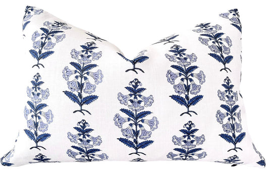 Light Blue and Green Petunia Block Printed Canvas Pillow Cover: Available in 10 Sizes - Annabel Bleu