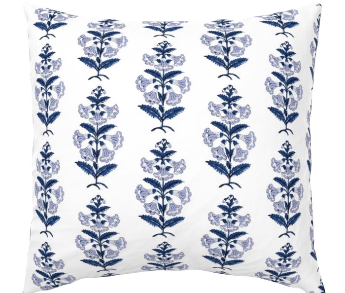 Light Blue and Green Petunia Block Printed Canvas Pillow Cover: Available in 10 Sizes - Annabel Bleu