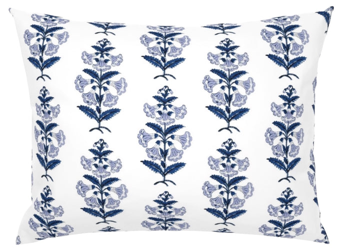Light Blue and Green Petunia Block Printed Canvas Pillow Cover: Available in 10 Sizes - Annabel Bleu