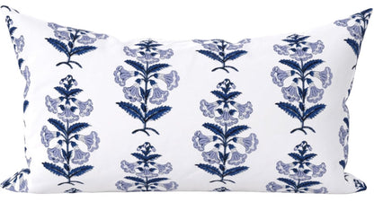 Light Blue and Green Petunia Block Printed Canvas Pillow Cover: Available in 10 Sizes - Annabel Bleu