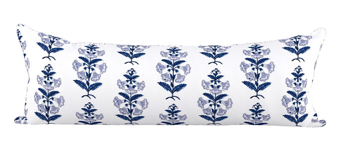 Light Blue and Green Petunia Block Printed Canvas Pillow Cover: Available in 10 Sizes - Annabel Bleu