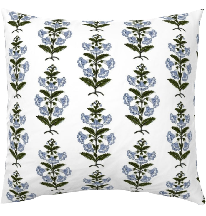 Light Blue and Green Petunia Block Printed Canvas Pillow Cover: Available in 10 Sizes - Annabel Bleu