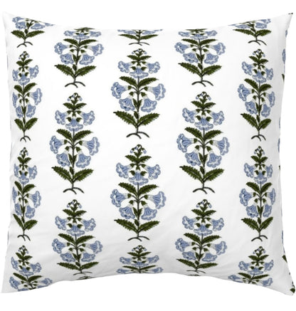 Light Blue and Green Petunia Block Printed Canvas Pillow Cover: Available in 10 Sizes - Annabel Bleu