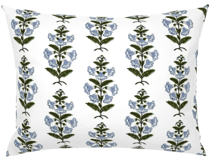 Light Blue and Green Petunia Block Printed Canvas Pillow Cover: Available in 10 Sizes - Annabel Bleu