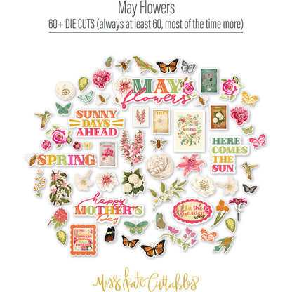 May Flowers Die Cuts, die cuts spread out image, showing pre-cut scrapbook embellishments for layouts, handmade cards, journals, mini albums, memory pages, and layered paper crafts. Buyer theme: Spring Floral Die Cuts & Garden Ephemera. May Flowers die cuts with flowers, butterflies, bees, birds, hummingbirds, seed packets, leaves and cheerful spring phrases. Color palette includes Rose pink, coral, blush, sage green, mint, yellow, orange, cream and charcoal