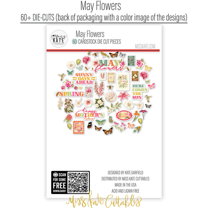 May Flowers Die Cuts, back packaging image, showing pre-cut scrapbook embellishments for layouts, handmade cards, journals, mini albums, memory pages, and layered paper crafts. Buyer theme: Spring Floral Die Cuts & Garden Ephemera. May Flowers die cuts with flowers, butterflies, bees, birds, hummingbirds, seed packets, leaves and cheerful spring phrases. Color palette includes Rose pink, coral, blush, sage green, mint, yellow, orange, cream and charcoal