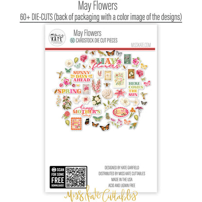 May Flowers Die Cuts, back packaging image, showing pre-cut scrapbook embellishments for layouts, handmade cards, journals, mini albums, memory pages, and layered paper crafts. Buyer theme: Spring Floral Die Cuts & Garden Ephemera. May Flowers die cuts with flowers, butterflies, bees, birds, hummingbirds, seed packets, leaves and cheerful spring phrases. Color palette includes Rose pink, coral, blush, sage green, mint, yellow, orange, cream and charcoal
