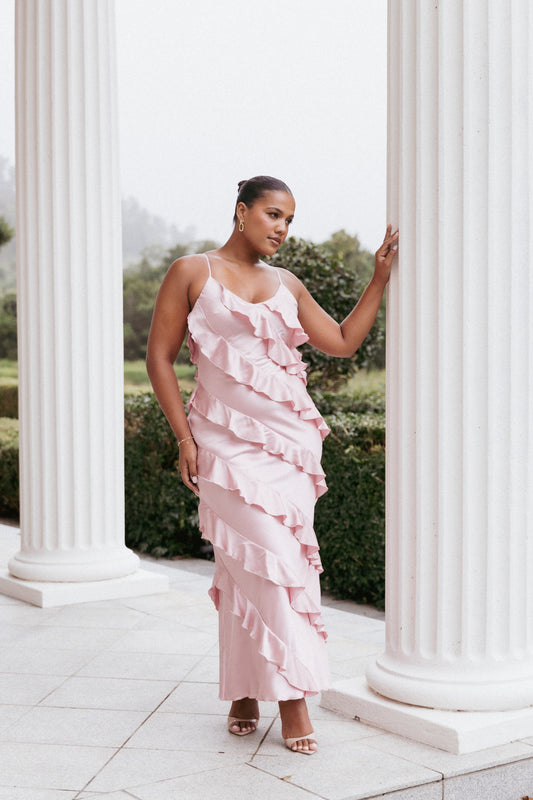 Ciao Ruffles Maxi Satin Dress - Pink