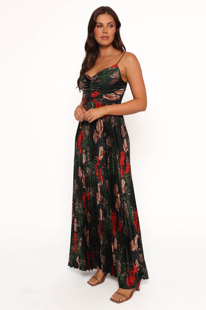 Naira Pleated Maxi Dress - Green Floral
