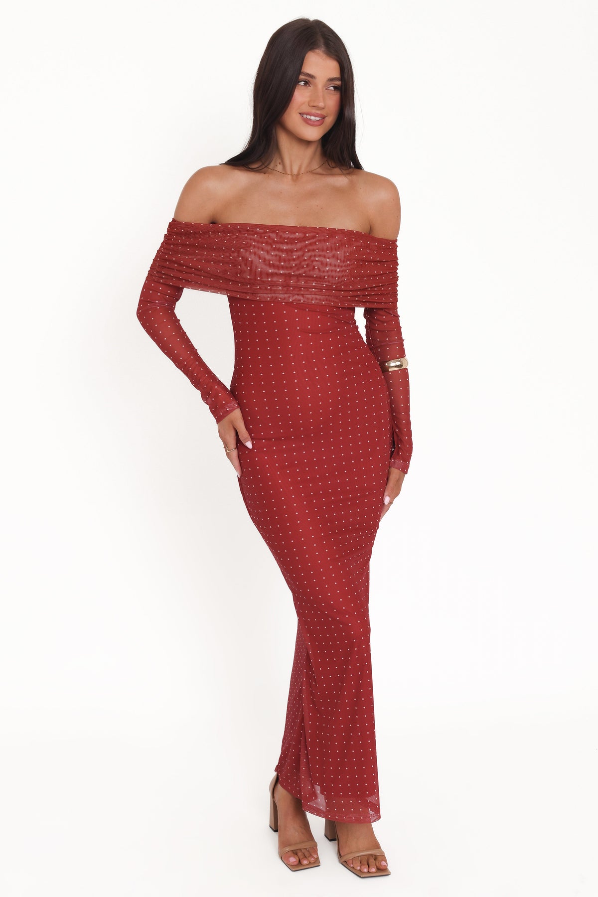 Zeva Off Shoulder Maxi Dress - Burgundy Spot