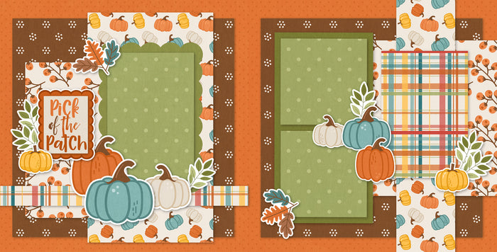 Two-page Pick Of The Patch scrapbook layout featuring orange pumpkin pattern, teal cream pumpkins, brown floral dot pattern, orange berry branches, multicolor fall plaid, sage green polka dots, scalloped green photo mat, orange speckled background. Designed for Pumpkin Patch Memories, Pumpkin Patch Scrapbook Kit, cream pumpkin accents, teal pumpkin die cuts, orange pumpkin die cuts, yellow pumpkin die cuts, green leafy sprigs, orange brown teal leaves, Pick of the Patch title.