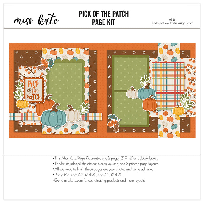 Pick Of The Patch 12x12 scrapbook page kit shown with teal cream pumpkins, brown floral dot pattern, orange berry branches, multicolor fall plaid, sage green polka dots, scalloped green photo mat, orange speckled background, cream pumpkin accents. Designed for Pumpkin Patch Scrapbook Kit, Fall Family Scrapbook Pages, teal pumpkin die cuts, orange pumpkin die cuts, yellow pumpkin die cuts, green leafy sprigs, orange brown teal leaves, Pick of the Patch title, layered pumpkin clusters.