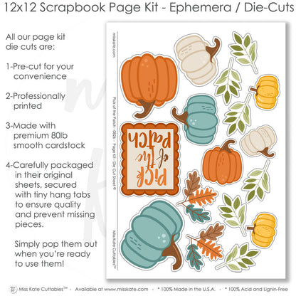 Coordinated Pick Of The Patch memory-keeping layout with brown floral dot pattern, orange berry branches, multicolor fall plaid, sage green polka dots, scalloped green photo mat, orange speckled background, cream pumpkin accents, teal pumpkin die cuts. Designed for Fall Family Scrapbook Pages, Autumn Pumpkin Scrapbook Layout, orange pumpkin die cuts, yellow pumpkin die cuts, green leafy sprigs, orange brown teal leaves, Pick of the Patch title, layered pumpkin clusters, autumn foliage accents.