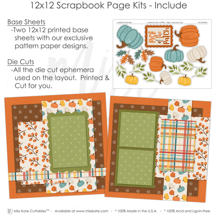Detailed Pick Of The Patch scrapbook design featuring orange berry branches, multicolor fall plaid, sage green polka dots, scalloped green photo mat, orange speckled background, cream pumpkin accents, teal pumpkin die cuts, orange pumpkin die cuts. Designed for Autumn Pumpkin Scrapbook Layout, Pumpkin Picking Scrapbook Kit, yellow pumpkin die cuts, green leafy sprigs, orange brown teal leaves, Pick of the Patch title, layered pumpkin clusters, autumn foliage accents, warm harvest palette.
