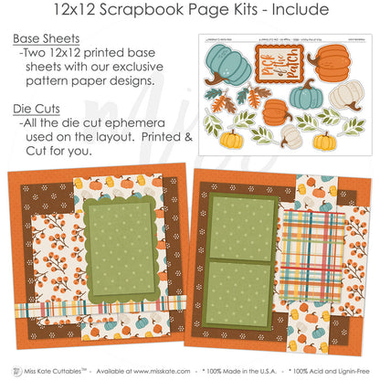 Detailed Pick Of The Patch scrapbook design featuring orange berry branches, multicolor fall plaid, sage green polka dots, scalloped green photo mat, orange speckled background, cream pumpkin accents, teal pumpkin die cuts, orange pumpkin die cuts. Designed for Autumn Pumpkin Scrapbook Layout, Pumpkin Picking Scrapbook Kit, yellow pumpkin die cuts, green leafy sprigs, orange brown teal leaves, Pick of the Patch title, layered pumpkin clusters, autumn foliage accents, warm harvest palette.