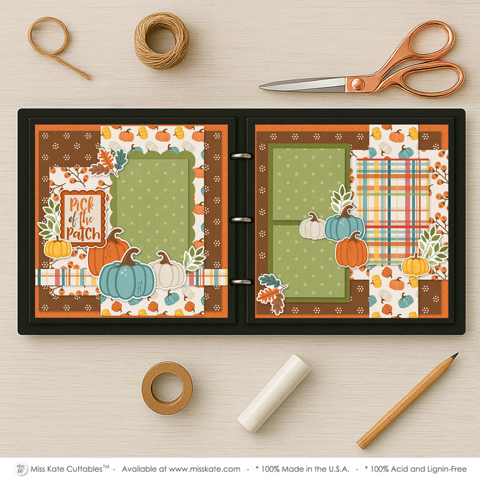Pick Of The Patch scrapbook page kit artwork with sage green polka dots, scalloped green photo mat, orange speckled background, cream pumpkin accents, teal pumpkin die cuts, orange pumpkin die cuts, yellow pumpkin die cuts, green leafy sprigs. Designed for Fall Festival Scrapbook Pages, Family Pumpkin Patch Photos, orange brown teal leaves, Pick of the Patch title, layered pumpkin clusters, autumn foliage accents, warm harvest palette, orange pumpkin pattern, teal cream pumpkins.