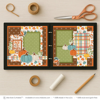 Pick Of The Patch scrapbook page kit artwork with sage green polka dots, scalloped green photo mat, orange speckled background, cream pumpkin accents, teal pumpkin die cuts, orange pumpkin die cuts, yellow pumpkin die cuts, green leafy sprigs. Designed for Fall Festival Scrapbook Pages, Family Pumpkin Patch Photos, orange brown teal leaves, Pick of the Patch title, layered pumpkin clusters, autumn foliage accents, warm harvest palette, orange pumpkin pattern, teal cream pumpkins.