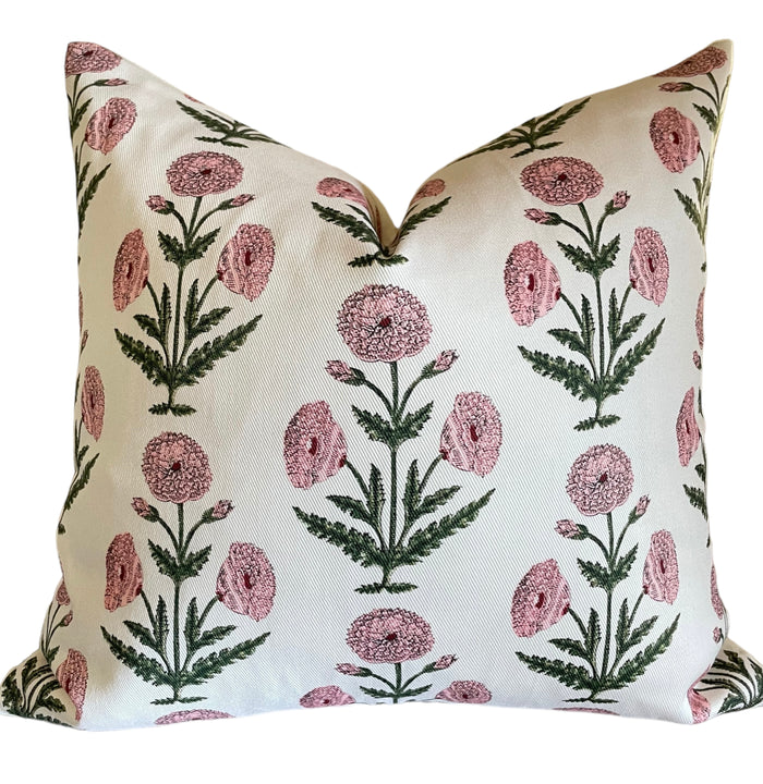 Pink Carnations Block Printed Canvas Pillow Cover: Available in 10 Sizes - Annabel Bleu