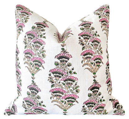 Pink & Green Floral Fans Block Printed Linen Pillow Cover: Available in 10 Sizes - Annabel Bleu
