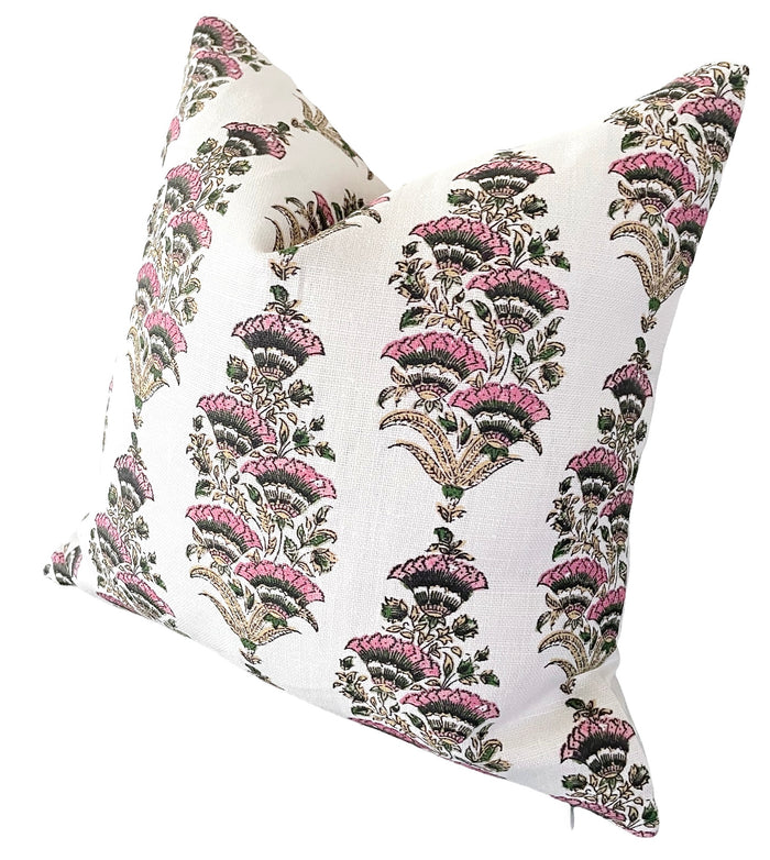 Pink & Green Floral Fans Block Printed Linen Pillow Cover: Available in 10 Sizes - Annabel Bleu