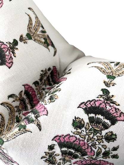 Pink & Green Floral Fans Block Printed Linen Pillow Cover: Available in 10 Sizes - Annabel Bleu