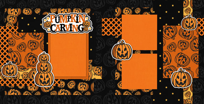 Two-page Pumpkin Carving scrapbook layout featuring orange pumpkin pattern, black pumpkin background, orange lattice pattern, black star pattern, orange photo mats, jack o lantern pumpkins, stacked pumpkin faces, pumpkin carving title. Designed for Jack O Lantern Memories, Pumpkin Carving Scrapbook Page Kit, orange black palette, white outlined die cuts, layered halloween papers, small gold stars, repeating pumpkin illustrations, bold black borders, orange patterned blocks.