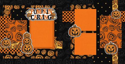 Two-page Pumpkin Carving scrapbook layout featuring orange pumpkin pattern, black pumpkin background, orange lattice pattern, black star pattern, orange photo mats, jack o lantern pumpkins, stacked pumpkin faces, pumpkin carving title. Designed for Jack O Lantern Memories, Pumpkin Carving Scrapbook Page Kit, orange black palette, white outlined die cuts, layered halloween papers, small gold stars, repeating pumpkin illustrations, bold black borders, orange patterned blocks.