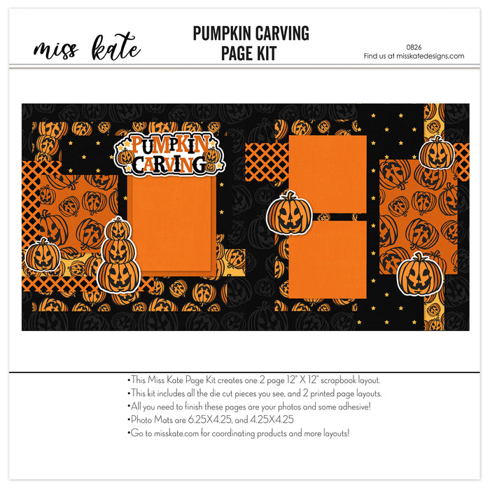 Pumpkin Carving 12x12 scrapbook page kit shown with black pumpkin background, orange lattice pattern, black star pattern, orange photo mats, jack o lantern pumpkins, stacked pumpkin faces, pumpkin carving title, orange black palette. Designed for Pumpkin Carving Scrapbook Page Kit, Halloween Pumpkin Scrapbook Pages, white outlined die cuts, layered halloween papers, small gold stars, repeating pumpkin illustrations, bold black borders, orange patterned blocks, orange pumpkin pattern.