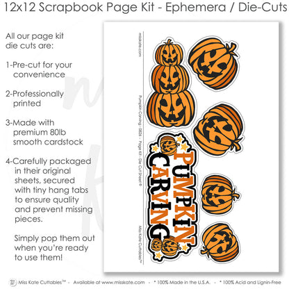 Coordinated Pumpkin Carving memory-keeping layout with orange lattice pattern, black star pattern, orange photo mats, jack o lantern pumpkins, stacked pumpkin faces, pumpkin carving title, orange black palette, white outlined die cuts. Designed for Halloween Pumpkin Scrapbook Pages, Jack O Lantern Scrapbook Layout, layered halloween papers, small gold stars, repeating pumpkin illustrations, bold black borders, orange patterned blocks, orange pumpkin pattern, black pumpkin background.