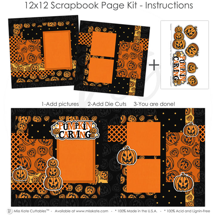 Finished Pumpkin Carving photo layout showing orange photo mats, jack o lantern pumpkins, stacked pumpkin faces, pumpkin carving title, orange black palette, white outlined die cuts, layered halloween papers, small gold stars. Designed for Pumpkin Carving Night Scrapbook, Halloween Family Scrapbook Kit, repeating pumpkin illustrations, bold black borders, orange patterned blocks, orange pumpkin pattern, black pumpkin background, orange lattice pattern, black star pattern.