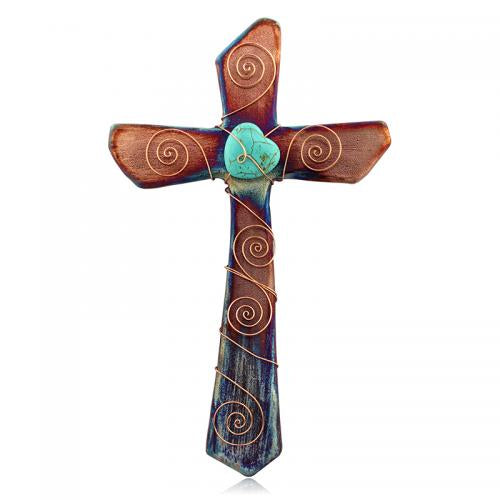 Raku Pottery Cross With Heart and Wire Spirals