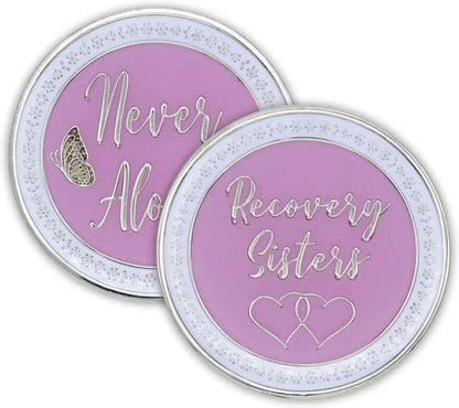 Recovery Sisters - Never Alone AA/NA Affirmation Sobriety Medallion - Pink/White