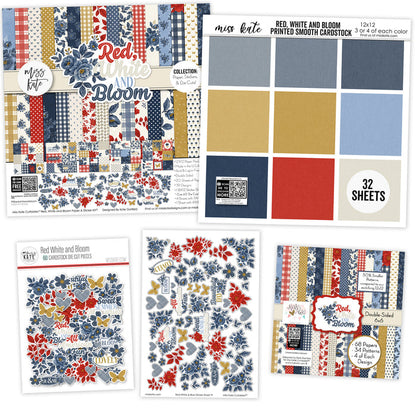 Red White and Bloom Bundle, main product image, showing complete coordinated paper craft set with 12x12 papers, 6x6 papers, cardstock, die cuts, and stickers for layouts, cards, albums, journals, and keepsakes. Buyer theme: Complete Patriotic Scrapbook Craft Bundle. Red White and Bloom complete scrapbook bundle with 12x12 paper, 6x6 designs, printed smooth cardstock, die cuts and stickers in a classic red, navy, cream and gold palette