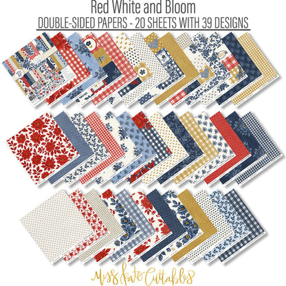 Red White and Bloom Paper & Sticker Kit, paper and sticker kit spread out image, showing 12x12 scrapbook paper and coordinating stickers for scrapbook layouts, photo albums, memory keeping, cards, and paper crafts. Buyer theme: Patriotic & 4th of July Scrapbook Kit. Red White and Bloom Paper & Sticker Kit with navy and red florals, gingham, plaid, dots, gold butterflies, hearts and patriotic summer titles in red, blue, cream and gold. Designed for Card making, Mini albums, Junk journals