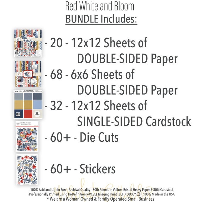Red White and Bloom Bundle, includes image, showing complete coordinated paper craft set with 12x12 papers, 6x6 papers, cardstock, die cuts, and stickers for layouts, cards, albums, journals, and keepsakes. Buyer theme: Complete Patriotic Scrapbook Craft Bundle. Red White and Bloom complete scrapbook bundle with 12x12 paper, 6x6 designs, printed smooth cardstock, die cuts and stickers in a classic red, navy, cream and gold palette