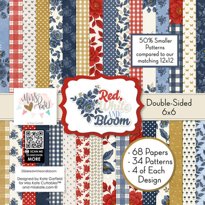 Red White and Bloom 6x6 Double-Sided Paper Pack, high resolution cover image, showing 6x6 scrapbook paper for handmade cards, mini albums, junk journals, paper layering, small-scale layouts, and coordinated paper crafts. Buyer theme: 6x6 Patriotic Paper for Cards & Mini Albums. Red White and Bloom 6x6 Double-Sided Paper Pack with scaled gingham, plaid, dots, florals, butterflies and red, navy, cream and gold Americana patterns for cards and mini albums
