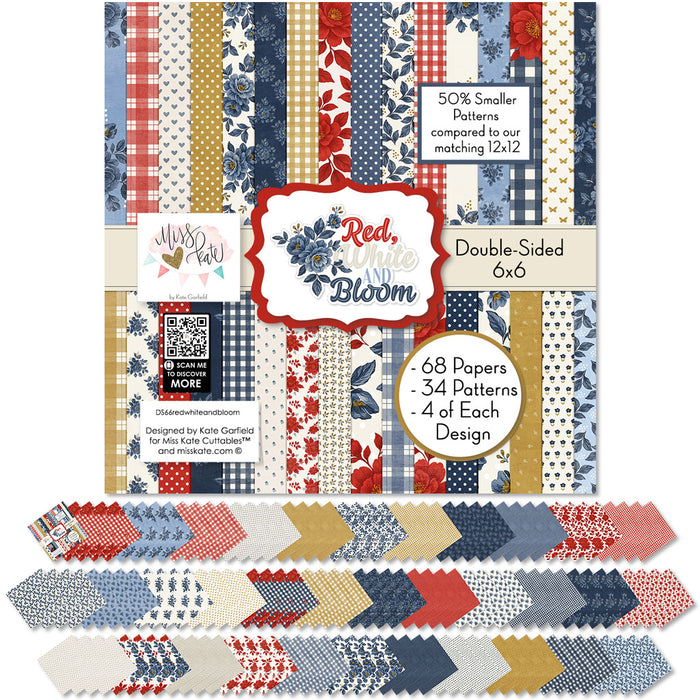 Red White and Bloom 6x6 Double-Sided Paper Pack, 6x6 cover and paper spread out image, showing 6x6 scrapbook paper for handmade cards, mini albums, junk journals, paper layering, small-scale layouts, and coordinated paper crafts. Buyer theme: 6x6 Patriotic Paper for Cards & Mini Albums. Red White and Bloom 6x6 Double-Sided Paper Pack with scaled gingham, plaid, dots, florals, butterflies and red, navy, cream and gold Americana patterns for cards and mini albums