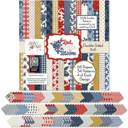 Red White and Bloom 6x6 Double-Sided Paper Pack, 6x6 cover and paper spread out image, showing 6x6 scrapbook paper for handmade cards, mini albums, junk journals, paper layering, small-scale layouts, and coordinated paper crafts. Buyer theme: 6x6 Patriotic Paper for Cards & Mini Albums. Red White and Bloom 6x6 Double-Sided Paper Pack with scaled gingham, plaid, dots, florals, butterflies and red, navy, cream and gold Americana patterns for cards and mini albums