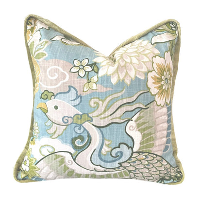 Sale: 26x26 Aqua Chinoiserie Phoenix Pillow Cover with Velvet Flange