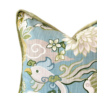 Sale: 26x26 Aqua Chinoiserie Phoenix Pillow Cover with Velvet Flange