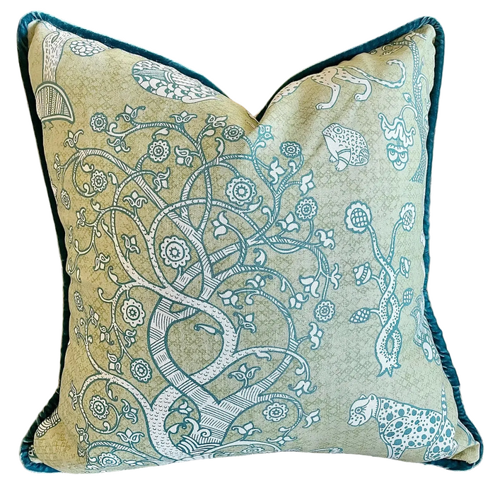 Schumacher “Animalia” Pillow Cover With Silk Velvet Piping - Annabel Bleu