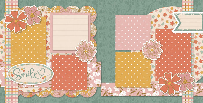 Smile Pink scrapbook page kit — acid-free double-sided scrapbook supplies, spring scrapbook, ready-to-glue title banners and photo frames, scrapbook layout, paper craft kit, die cut flowers, seasonal scrapbook page kits and die cuts, scrapbooking ephemera and cardstock cutouts, photo page kit, scrapbook kit, family scrapbook, coral scrapbook, layered die cut titles for themed layouts, pastel paper embellishments and photo mats, 12x12 scrapbook, coordinated background patterns and journaling spots