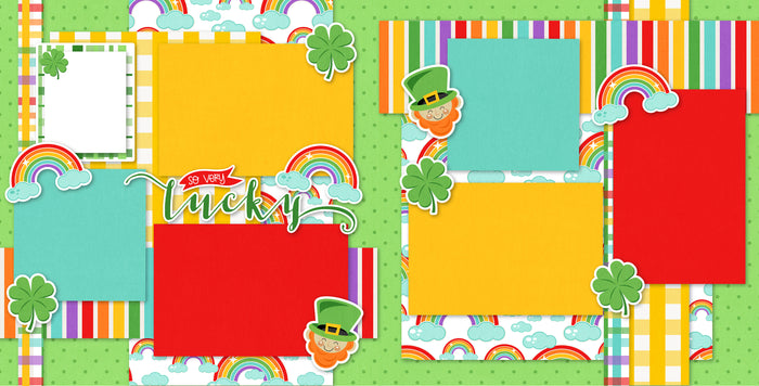 St. Patrick’s Day-themed 12x12 scrapbook page kit with shamrocks, rainbows, and a cheerful leprechaun. Features bright patterned paper and die-cut embellishments for festive scrapbooking.