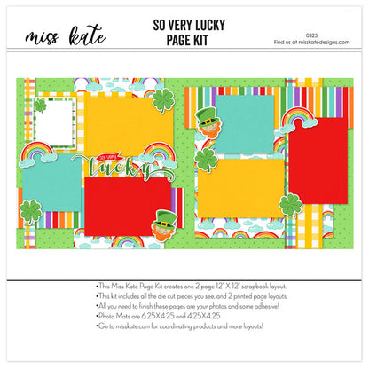 So Very Lucky scrapbook page kit with vibrant St. Patrick’s Day patterns. Includes green clovers, rainbow designs, and a fun Irish theme for holiday scrapbooking.