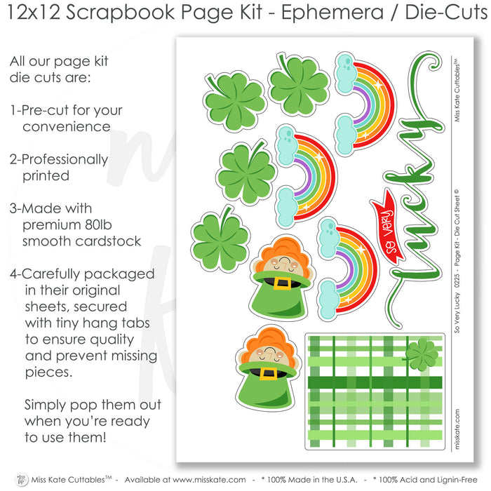 Festive 12x12 scrapbook page kit featuring lucky shamrocks, rainbows, and a cheerful leprechaun. Perfect for preserving St. Patrick’s Day memories and Irish celebrations.