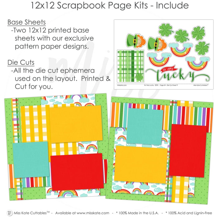 Miss Kate St. Patrick’s Day scrapbook kit with festive patterns. Includes bright gingham, polka dots, multicolored stripes, and decorative die cuts for themed layouts.